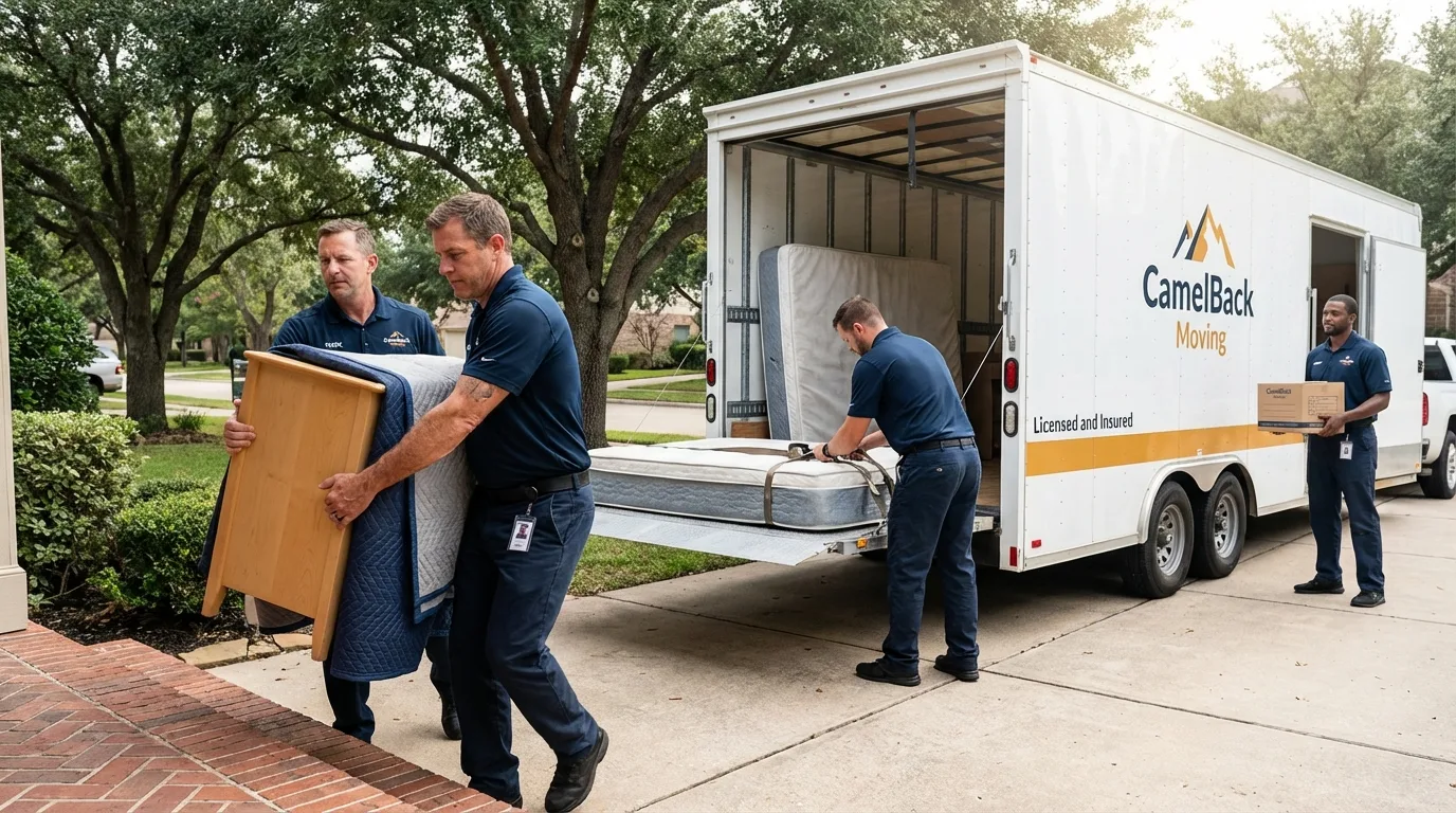 Crew loading residential truck for cross-state move from Albany, CA