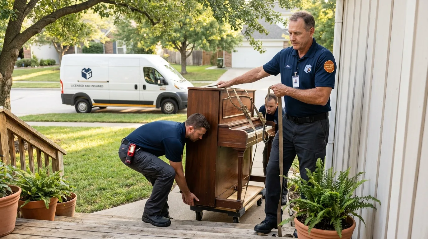 Licensed piano movers securing grand piano in Albany, CA