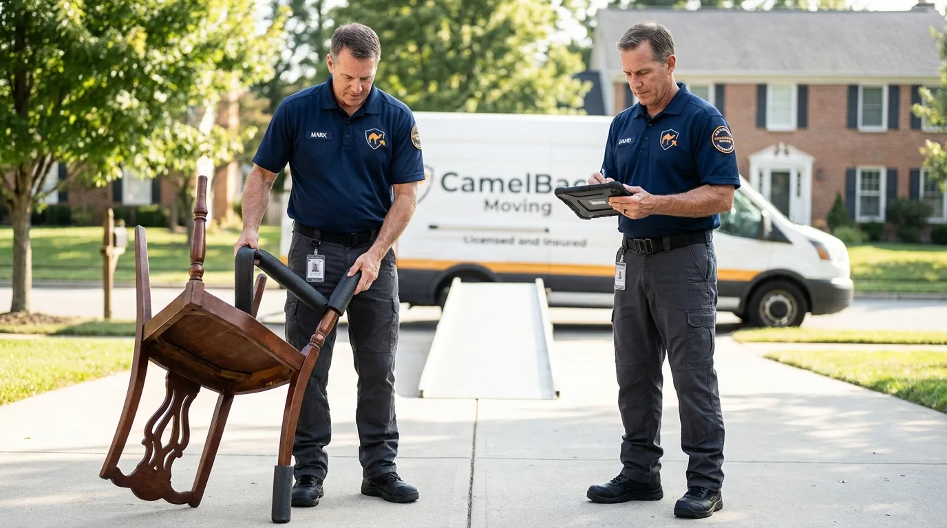 Movers inspecting furniture for damage prevention before loading in Albany, CA