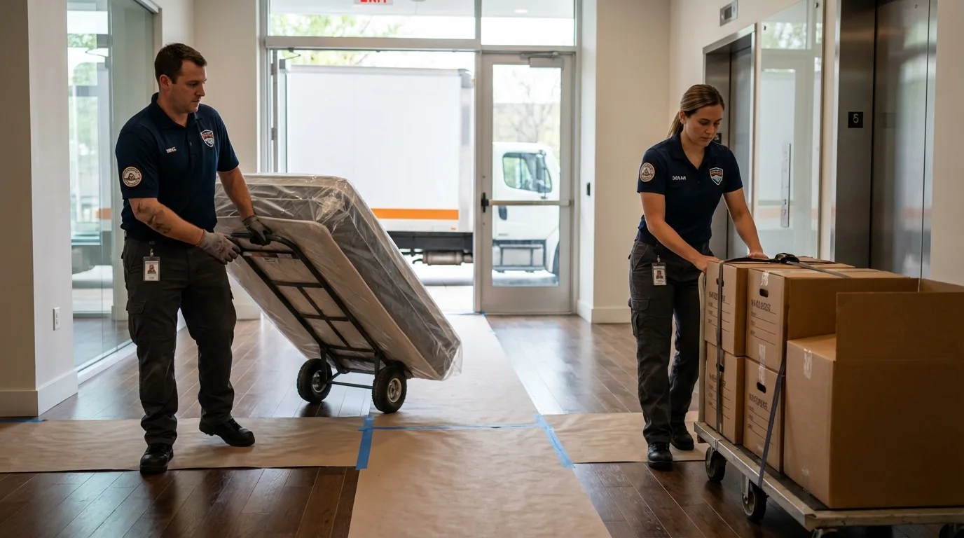 Professional apartment movers loading elevator in Albany, CA