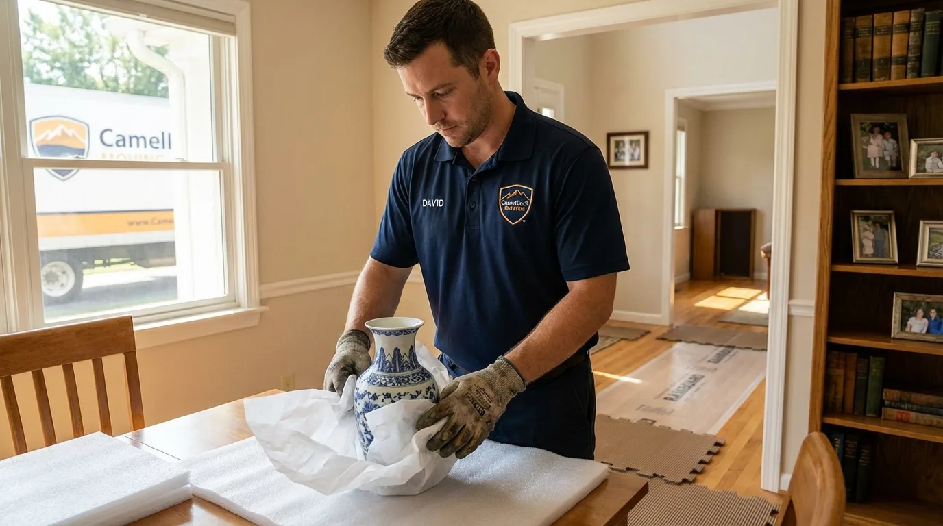 Professional crew carefully wrapping antique vase for senior downsizing move in Albany, CA